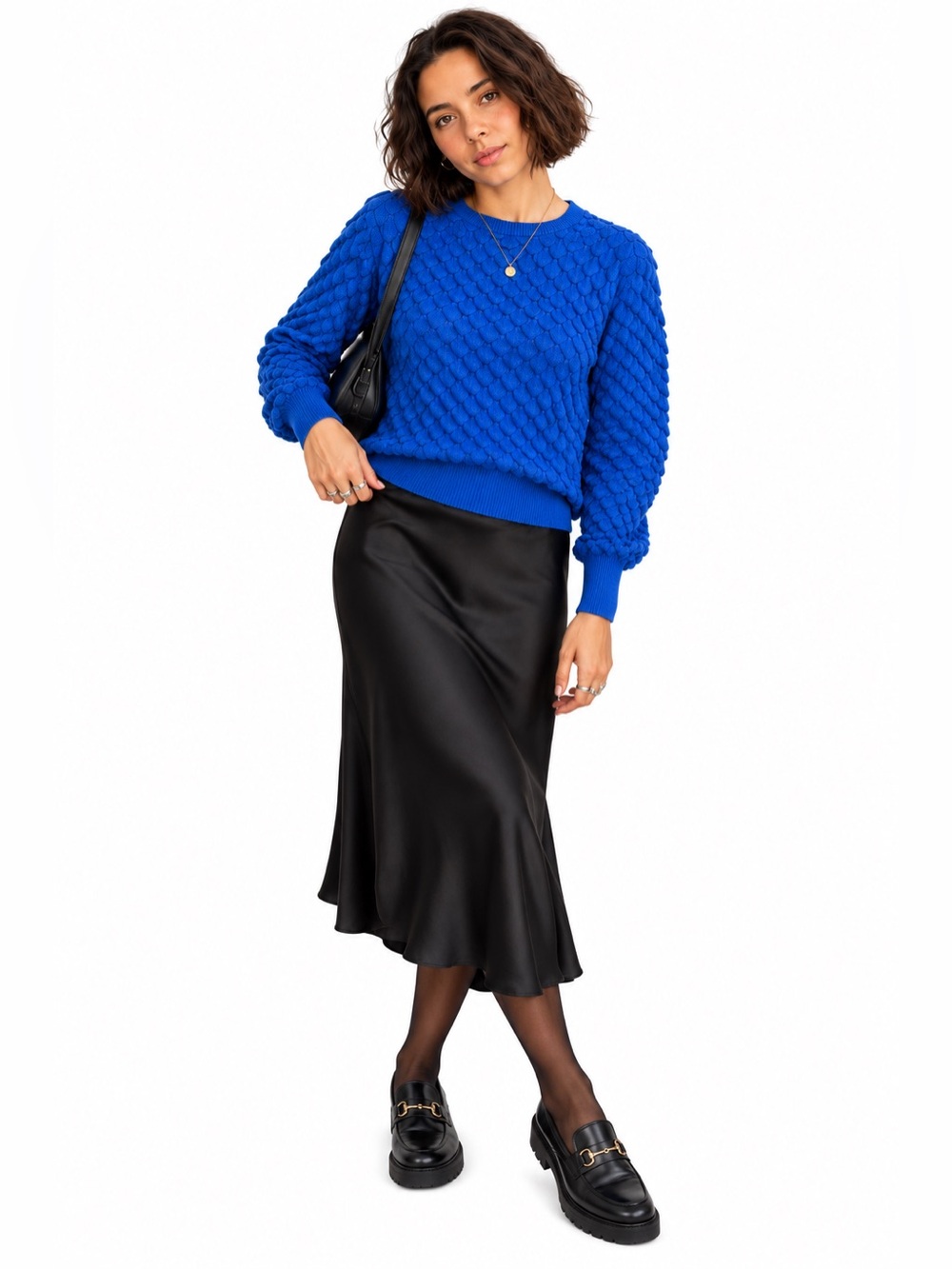 Contemporaine Simons Viscose Blue Textured Puff Sleeve Sweater L